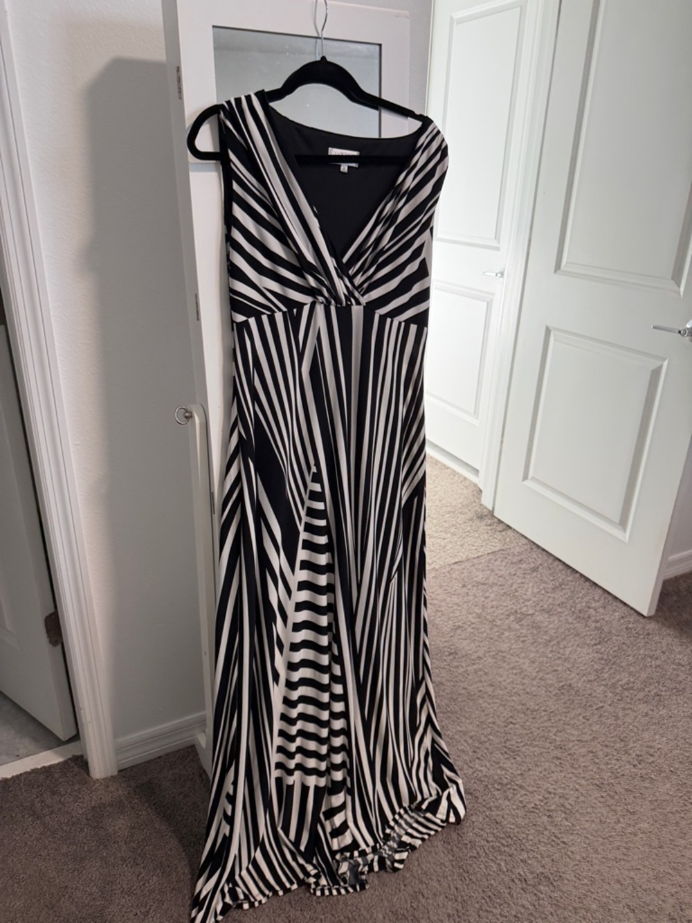 Kasper Black and White Striped V-Neck Maxi Dress - Picture 3 of 5